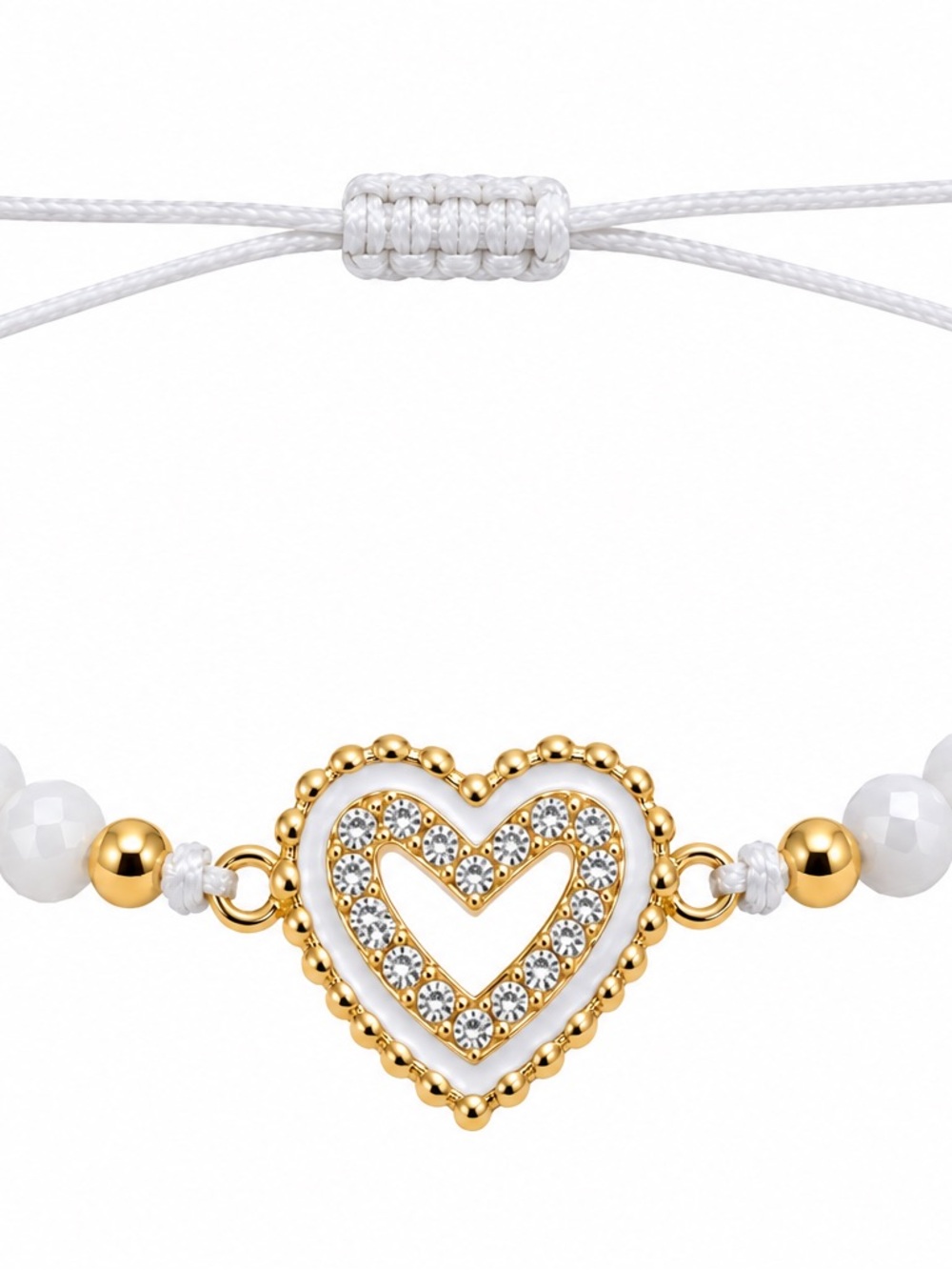 Gold Heart Crystal Bracelet on White Cord